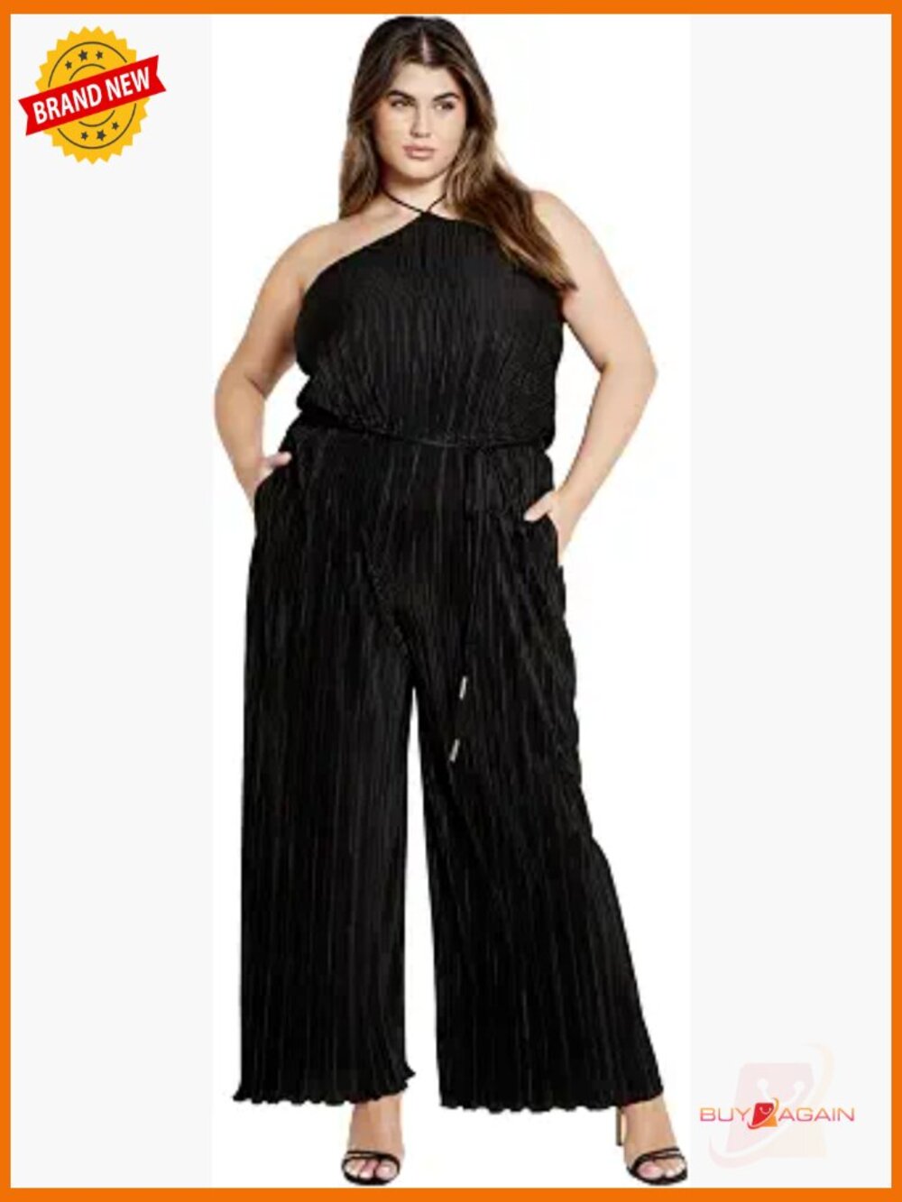Plus Size Jumpsuit - Halter Neck, Elastic Waist, Pockets